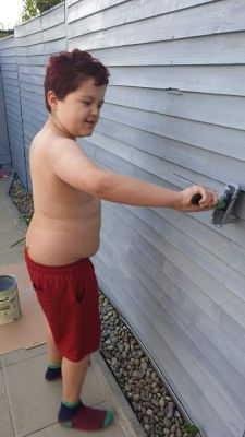 Oisin helping Mum and Nola paint the fence.
